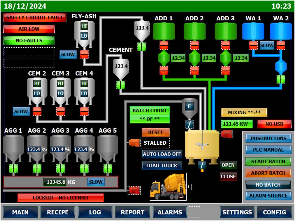 Ecrã SCADA de dosagem de uma central de betão